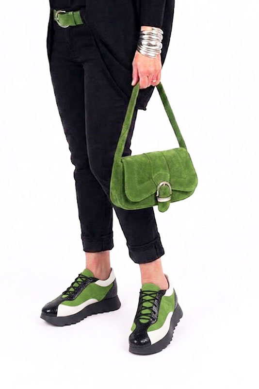 Dress sneakers in satin black, grass green and off white leather with thick rubber soles and round toe - Worn view